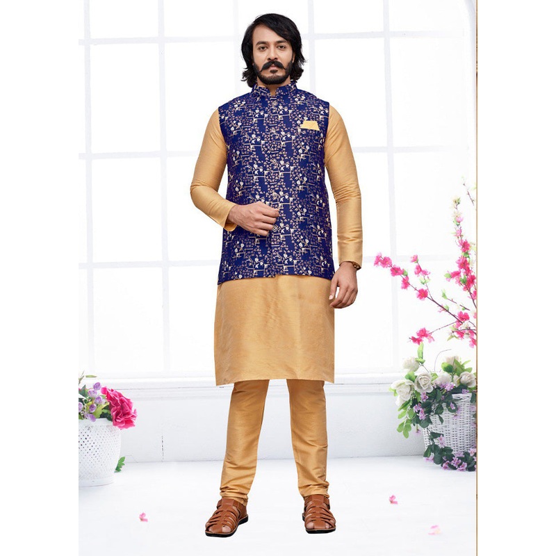 3 Pc Golden Pure Silk Ethnic Wear - JD986614590