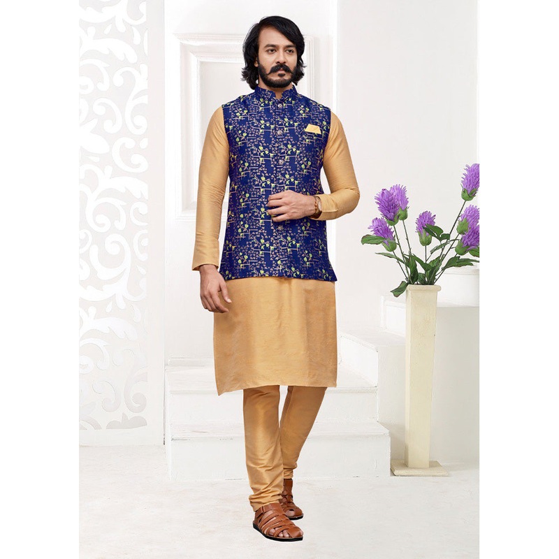 3 Pc Golden Pure Silk Ethnic Wear - JD986614591