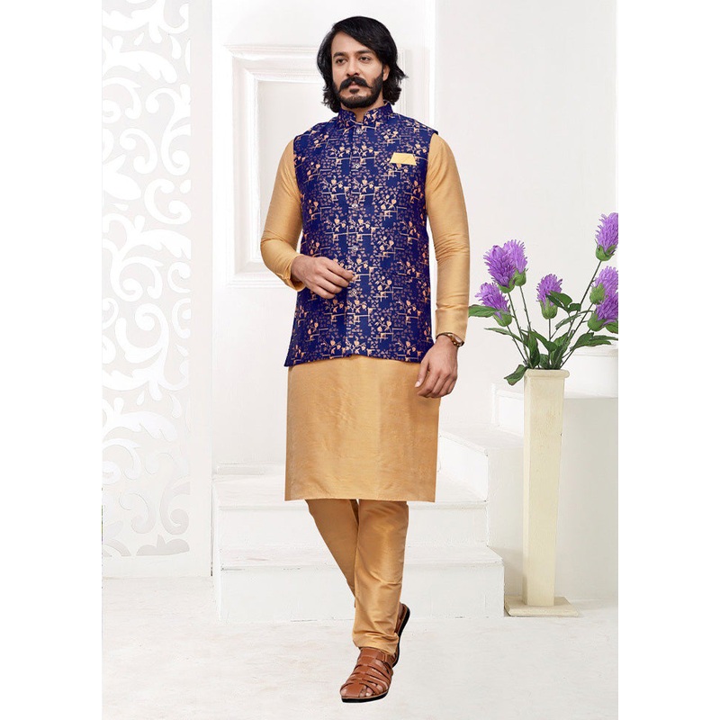 3 Pc Golden Pure Silk Ethnic Wear - JD986614592