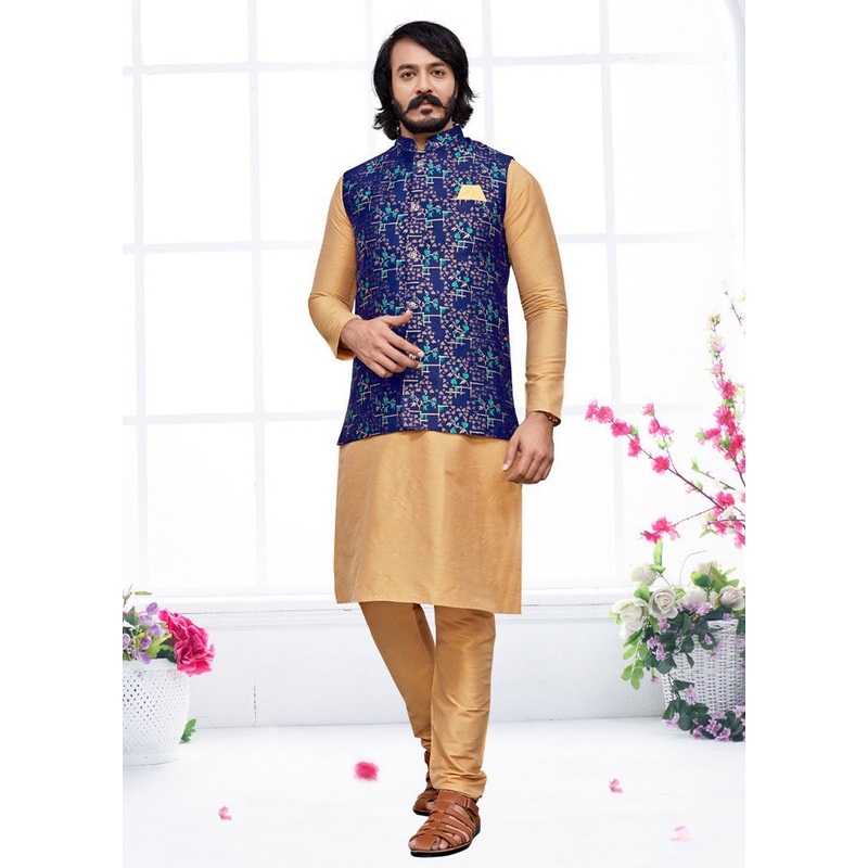 3 Pc Golden Pure Silk Ethnic Wear - JD986614593