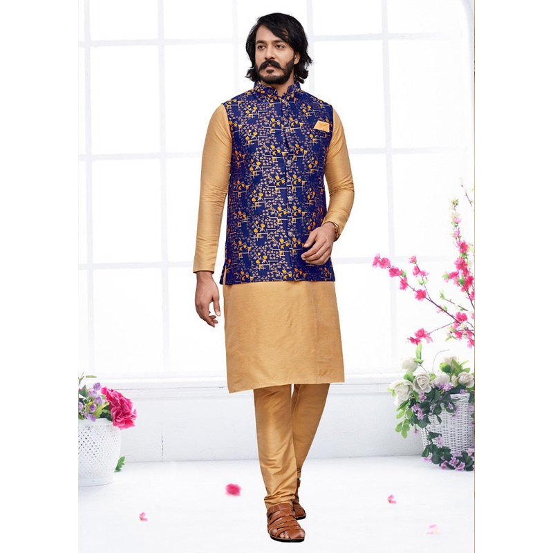 3 Pc Golden Pure Silk Ethnic Wear - JD986614594