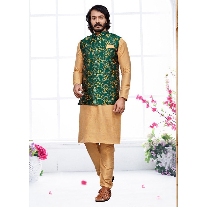 3 Pc Golden  Pure Silk Ethnic Wear - JD986614595