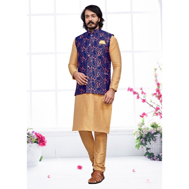 3 Pc Golden Pure Silk Ethnic Wear - JD986614596