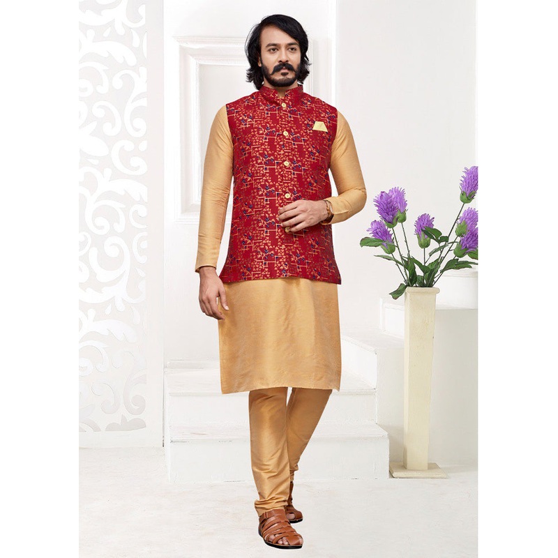 3 Pc Golden Pure Silk Ethnic Wear - JD986614597
