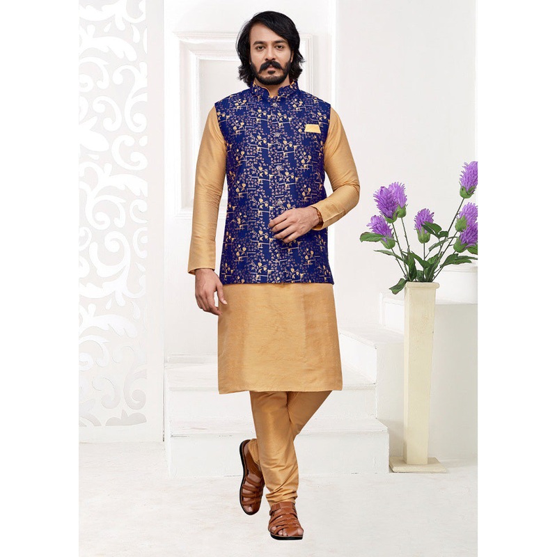 3 Pc Golden Pure Silk Ethnic Wear - JD986614598