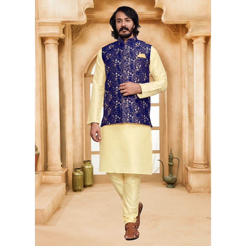 3 Pc Golden Pure Silk Ethnic Wear - JD986614599