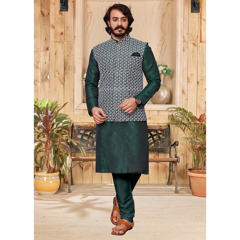 3 Pc Green Pure Silk Ethnic Wear - JD986614601