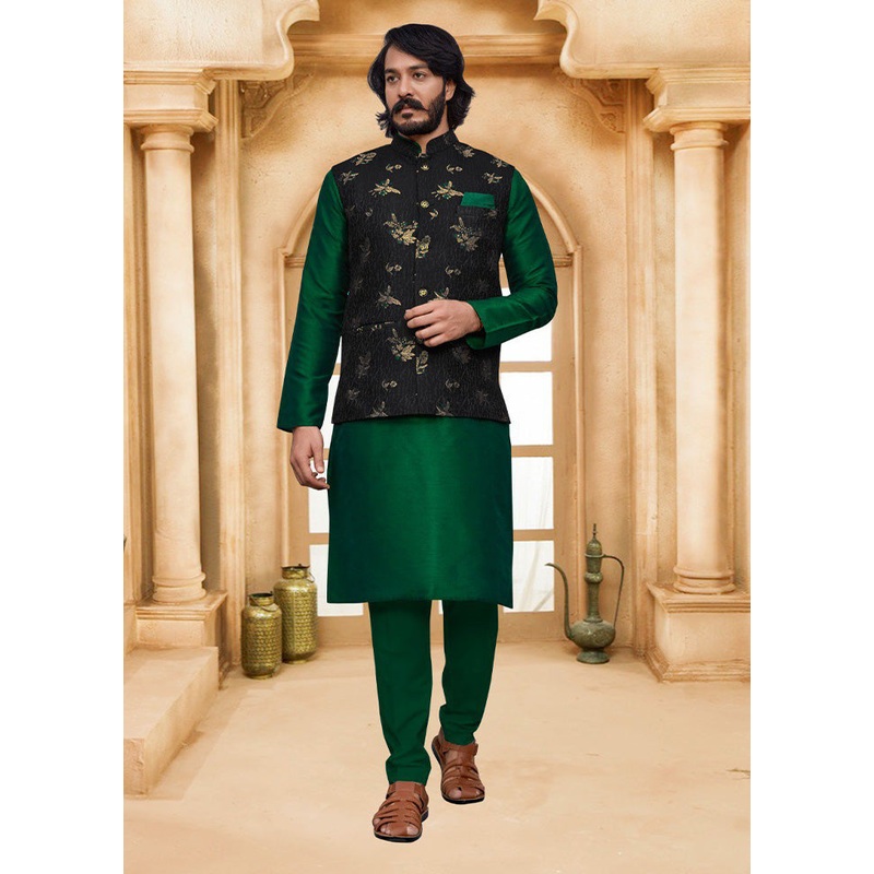 3 Pc Green Pure Silk Ethnic Wear - JD986614602