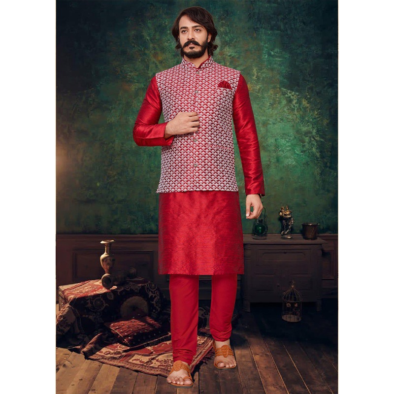 3 Pc Red Pure Silk Ethnic Wear - JD986614604