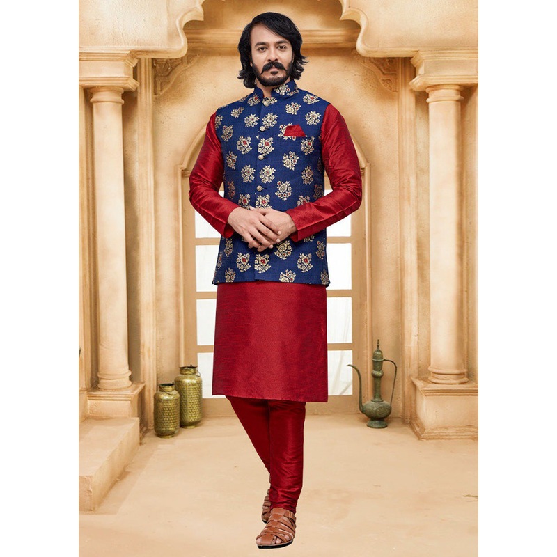 3 Pc Red Pure Silk Ethnic Wear - JD986614605
