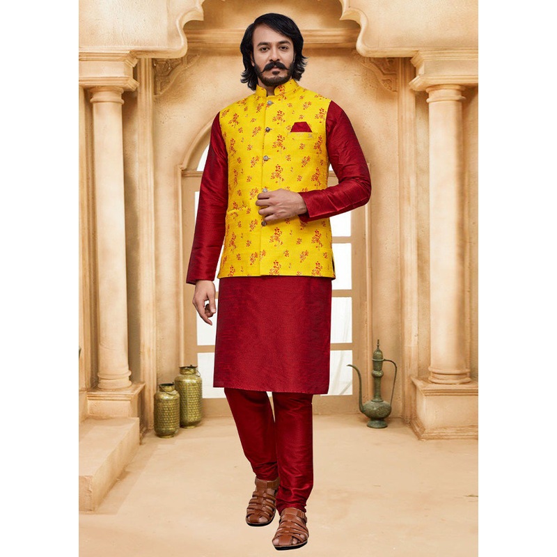 3 Pc Red Pure Silk Ethnic Wear - JD986614606