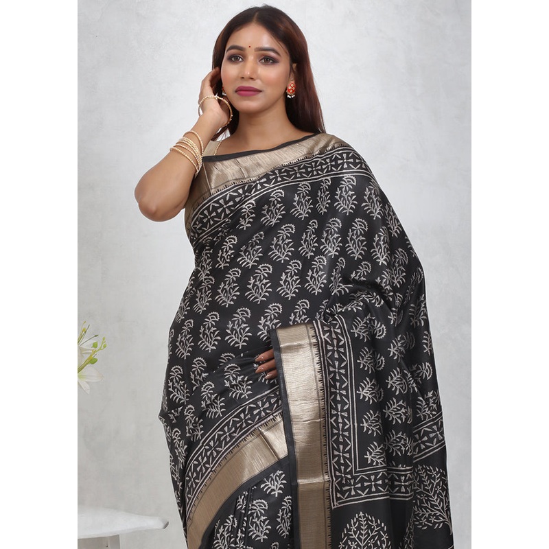 Black Chanderi Cotton Saree With Blouse Piece - JD986614683