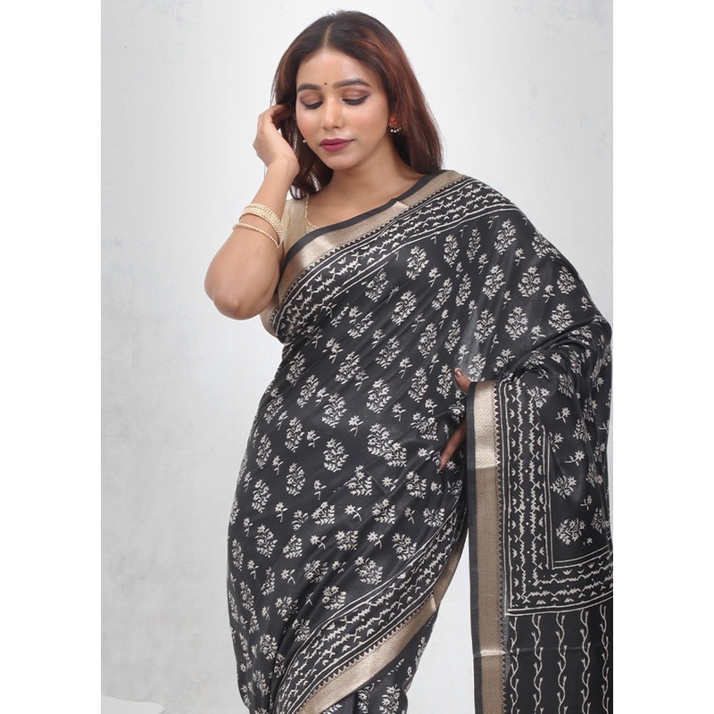 Black Chanderi Cotton Saree With Blouse Piece - JD986614684