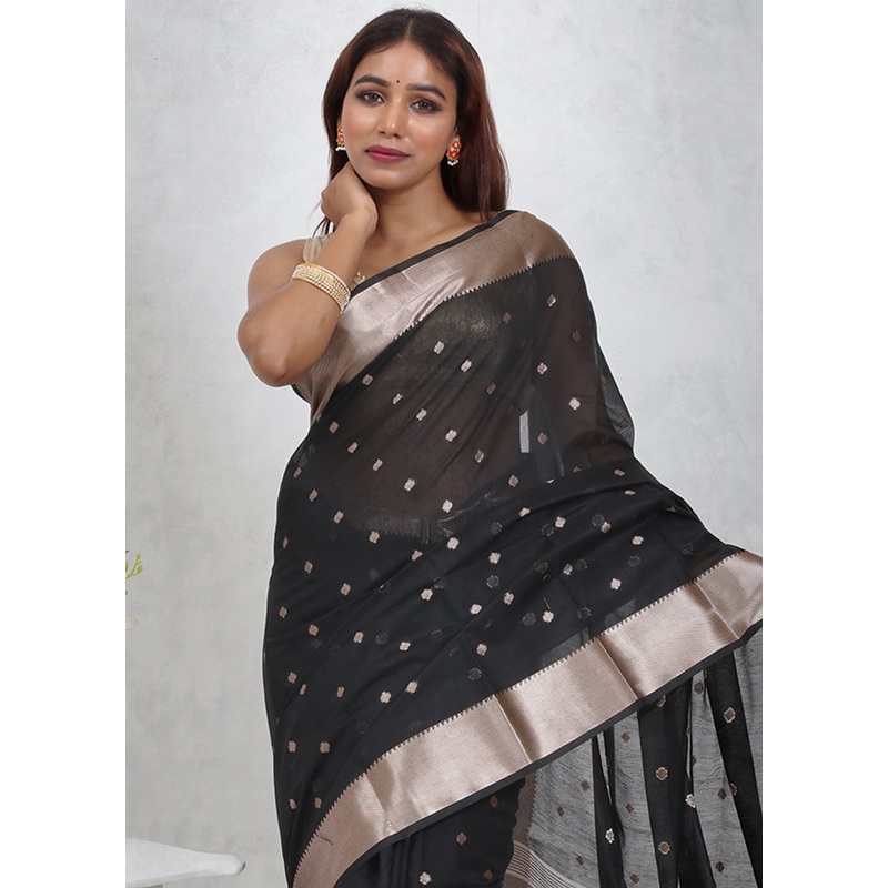 Black Cotton Saree With Blouse Piece - JD986614685