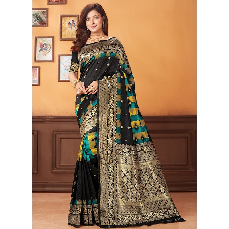 Black Spun Silk Woven Saree With Blouse Piece - JD986614521