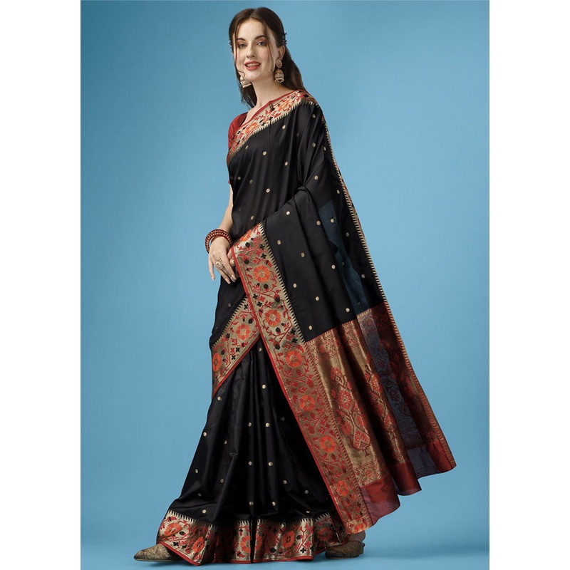 Black Spun Silk Woven Saree With Blouse Piece - JD986614533