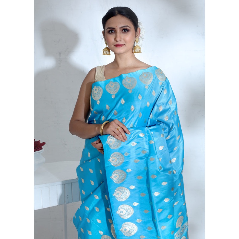 Blue Banarasi Pure Silk Saree With Blouse Piece - JD986614646