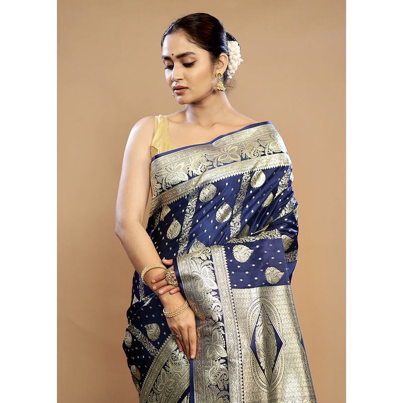 Blue Banarasi Silk Saree With Blouse Piece - JD986614619