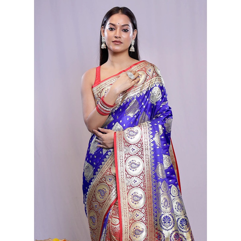 Blue Banarasi Silk Saree With Blouse Piece - JD986614661