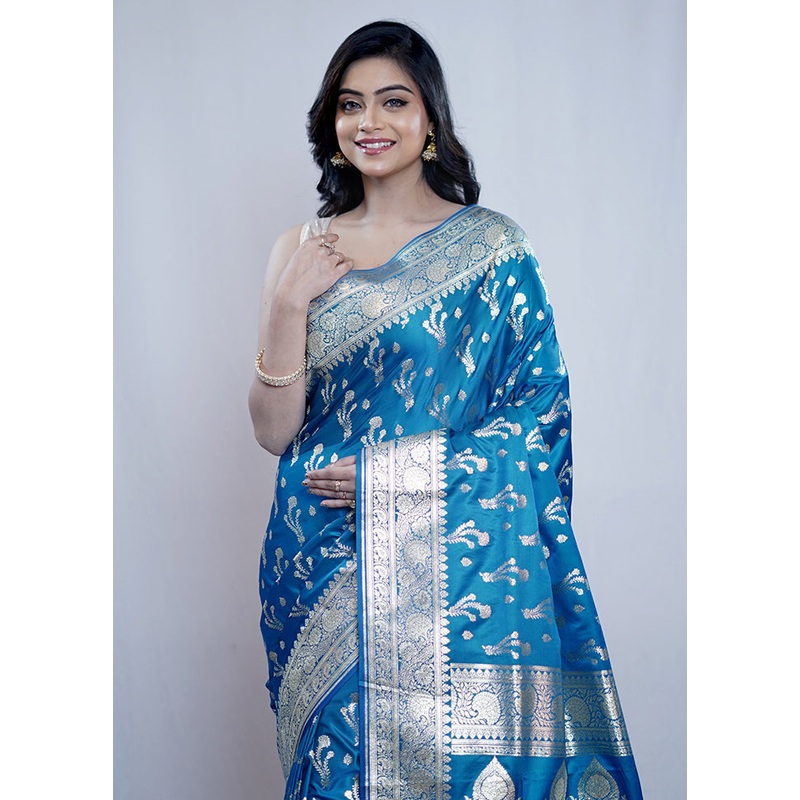 Blue Banarasi Silk Saree With Blouse Piece - JD986614666