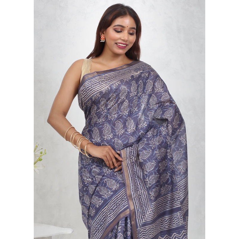 Blue Chanderi Cotton Saree With Blouse Piece - JD986614687