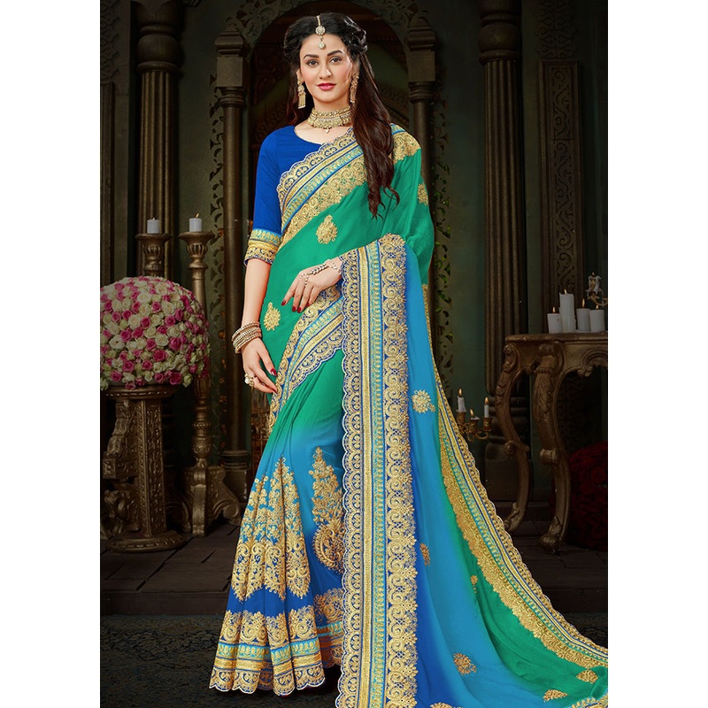 Blue Chiffon Silk Embroidered Saree With Blouse Piece - JD986614514