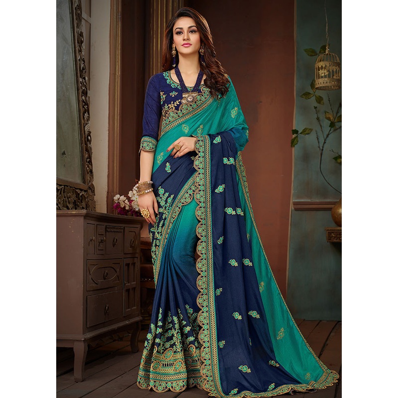 Blue Chiffon Silk Embroidered Saree With Blouse Piece - JD986614520