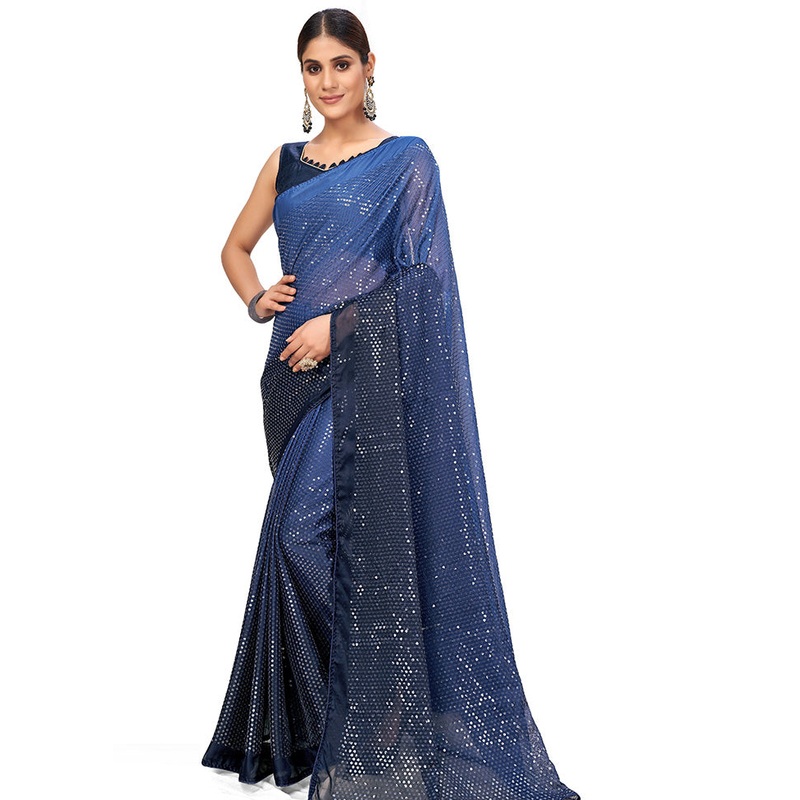 Blue Chiffon Silk Woven Saree With Blouse Piece - JD986614540