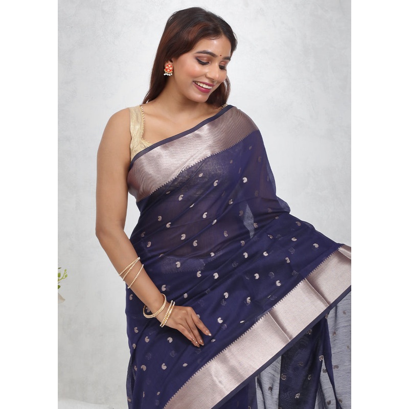 Blue Cotton Saree With Blouse Piece - JD986614688