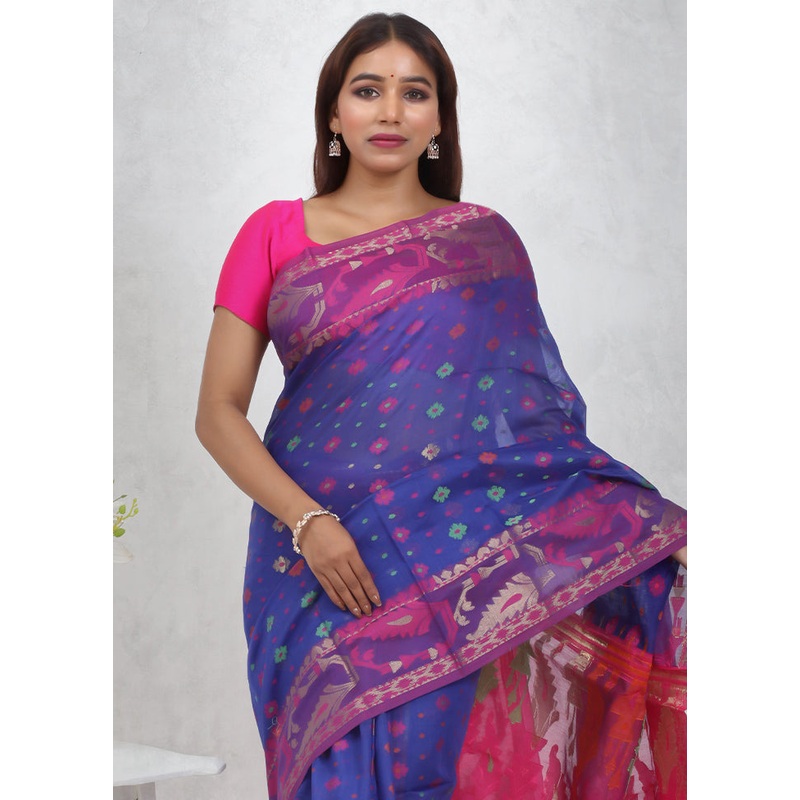 Blue Cotton Saree With Blouse Piece - JD986614689