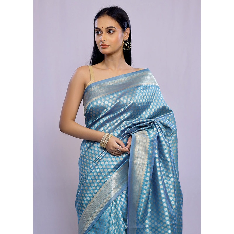 Blue Dupion Silk Saree With Blouse Piece - JD986614642