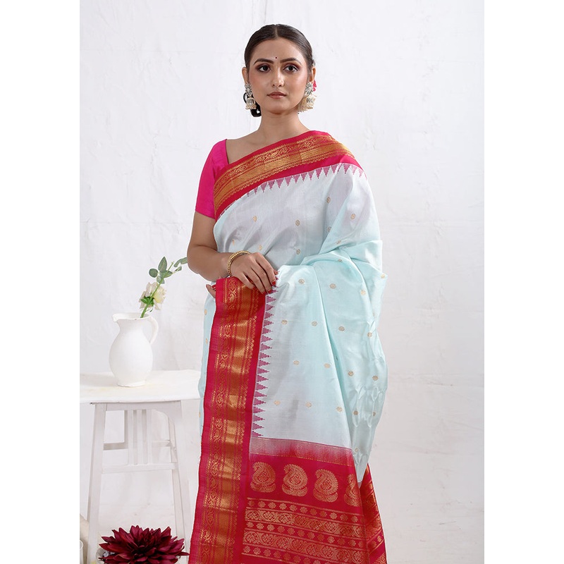 Blue Gadwal Pure Silk Saree Without Blouse Piece - JD986614620