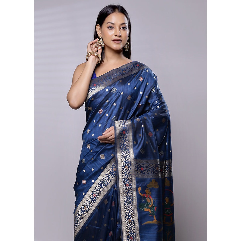 Blue Handloom Dupion Pure Silk Saree With Blouse Piece - JD986614607