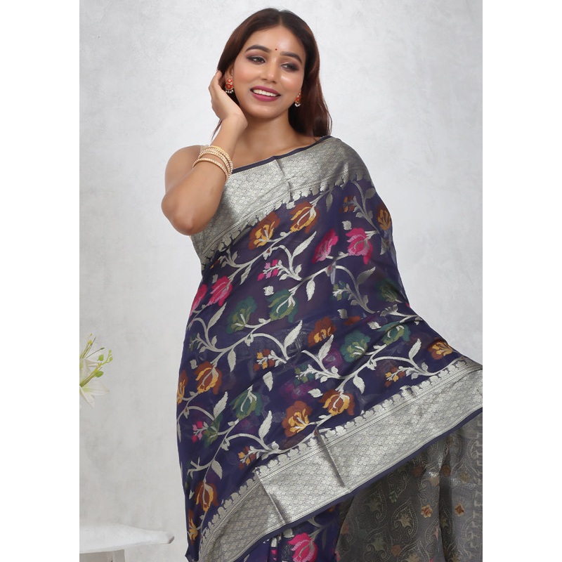 Blue Kora Silk Saree With Blouse Piece - JD986614690