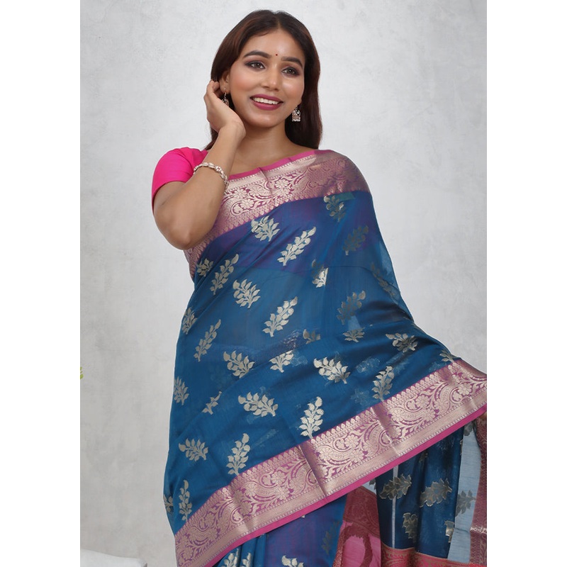 Blue Kora Silk Saree With Blouse Piece - JD986614691