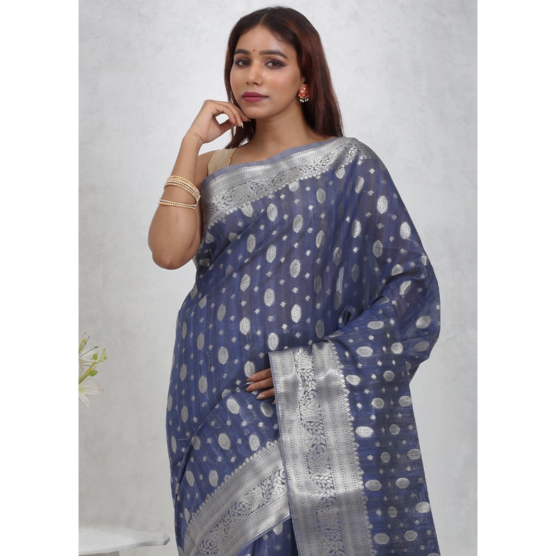 Blue Kora Silk Saree With Blouse Piece - JD986614692