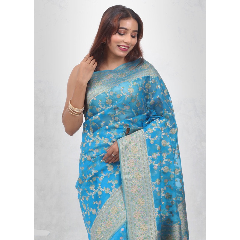 Blue Organza Saree With Blouse Piece - JD986614693