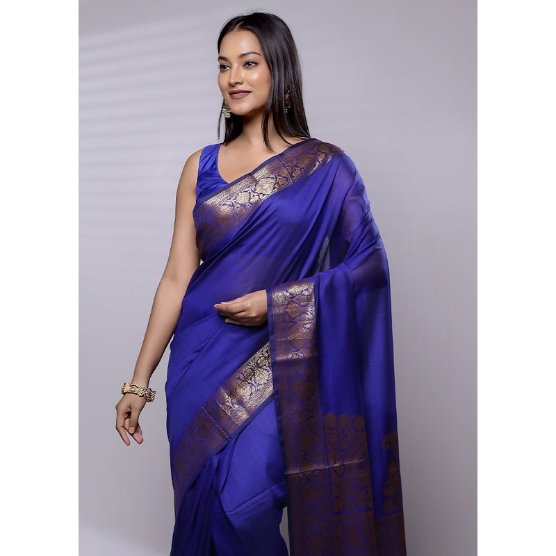 Blue Pure Cotton Saree With Blouse Piece - JD986614608