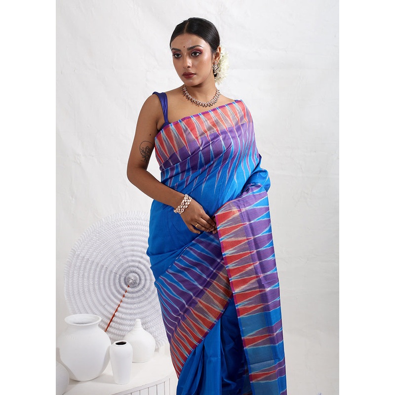 Blue Pure Ikkat Silk Saree With Blouse Piece - JD986614647