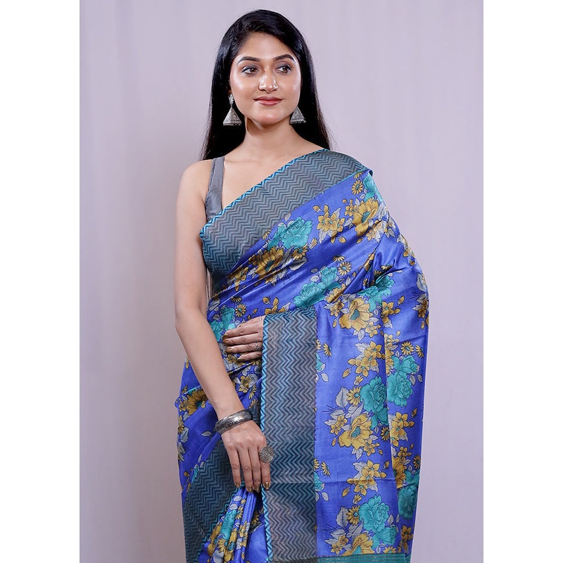Blue Tussar Silk Saree With Blouse Piece - JD986614677