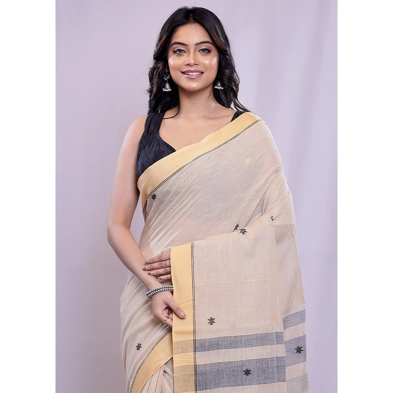 Cream Cotton Saree With Blouse Piece - JD986614670