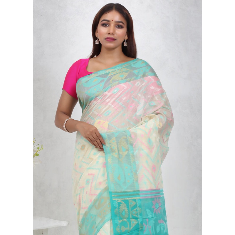 Cream Cotton Saree With Blouse Piece - JD986614695
