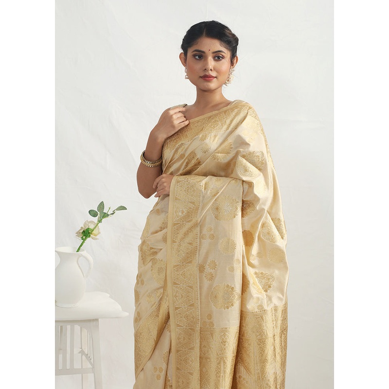 Cream Dupion Silk Saree With Blouse Piece - JD986614616