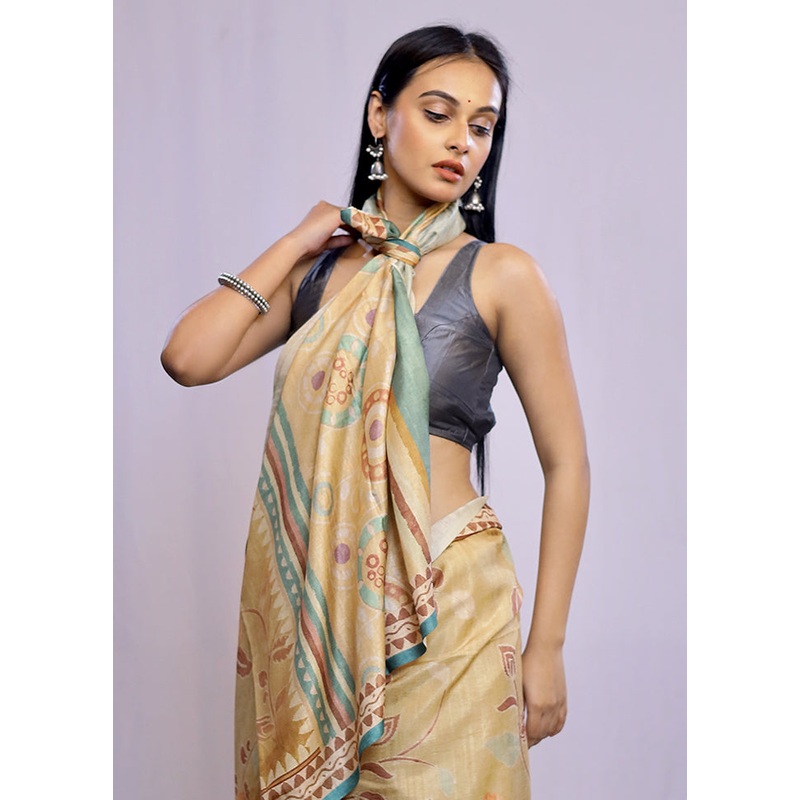 Cream Dupion Silk Saree With Blouse Piece - JD986614643