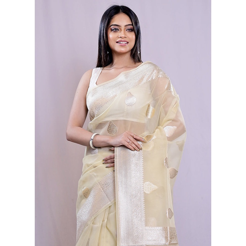 Cream Organza Saree With Blouse Piece - JD986614675