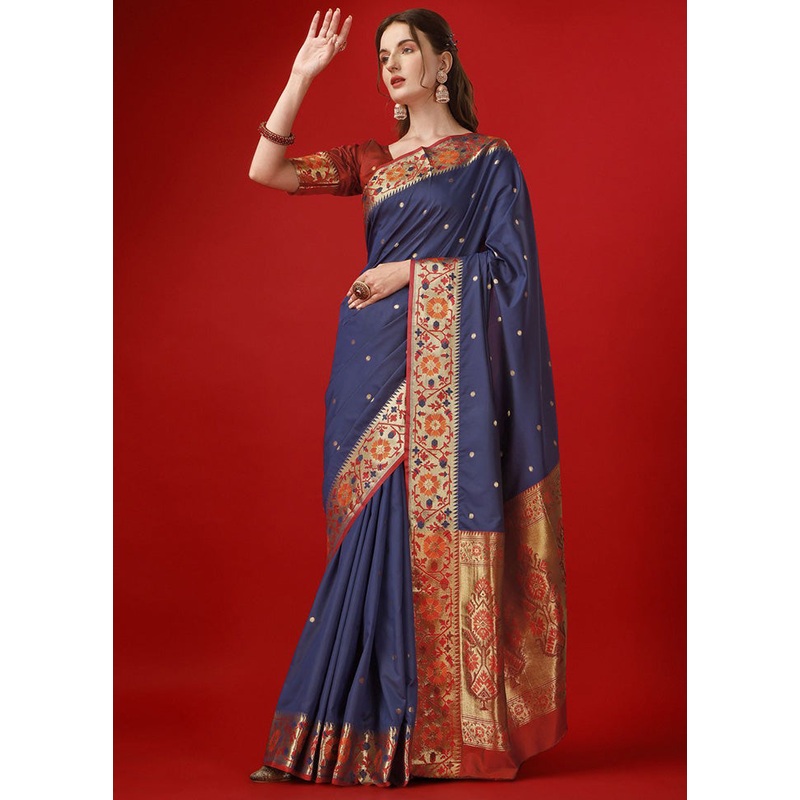 Dark Blue Spun Silk Woven Saree With Blouse Piece - JD986614534