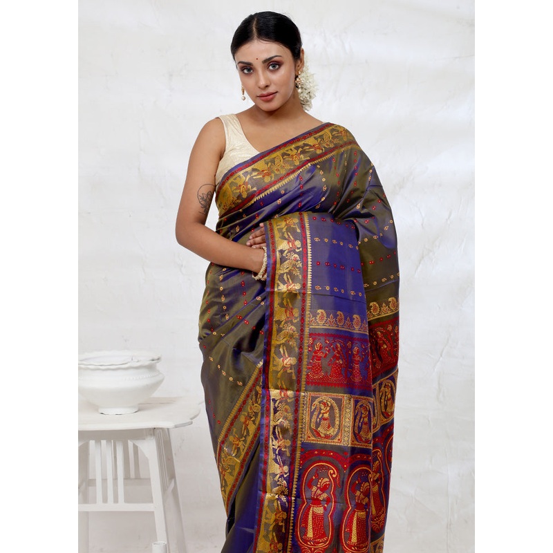 Green Baluchari Pure Silk Saree With Blouse Piece - JD986614632