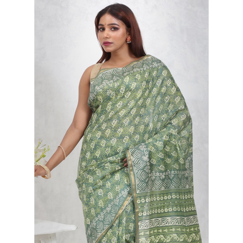 Green Chanderi Cotton Saree With Blouse Piece - JD986614696
