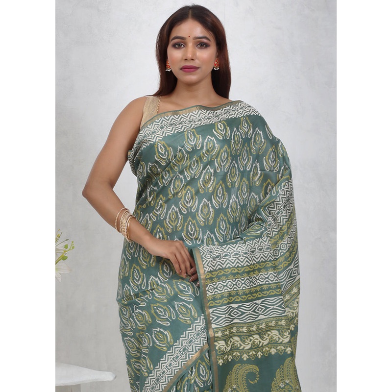Green Chanderi Cotton Saree With Blouse Piece - JD986614697