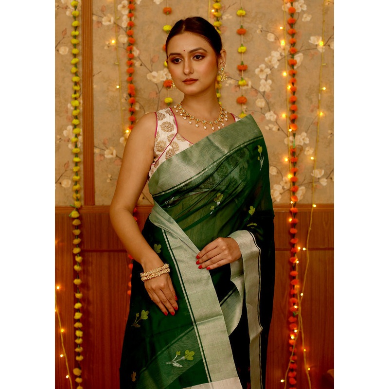 Green Chanderi Pure Cotton Saree With Blouse Piece - JD986614623